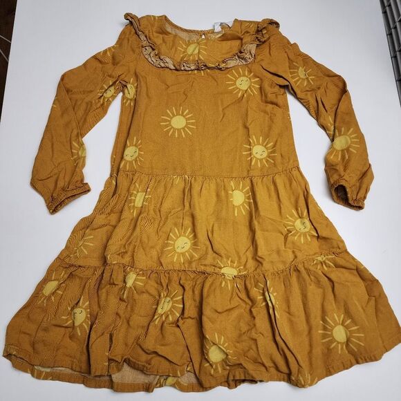 H&M Girls Mustard Yellow Smiling Sun Printed Ruffled Rayon Dress Size 7 - Picture 3 of 10